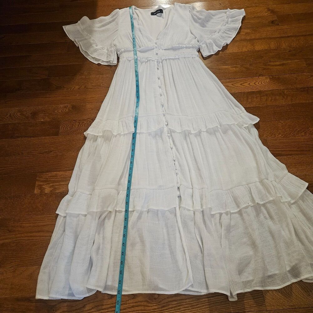 FAB'RIK Maxi Dress White Women Sz L Ruffles Tiers V-Neck Bohemian Cottagecore - Picture 4 of 11